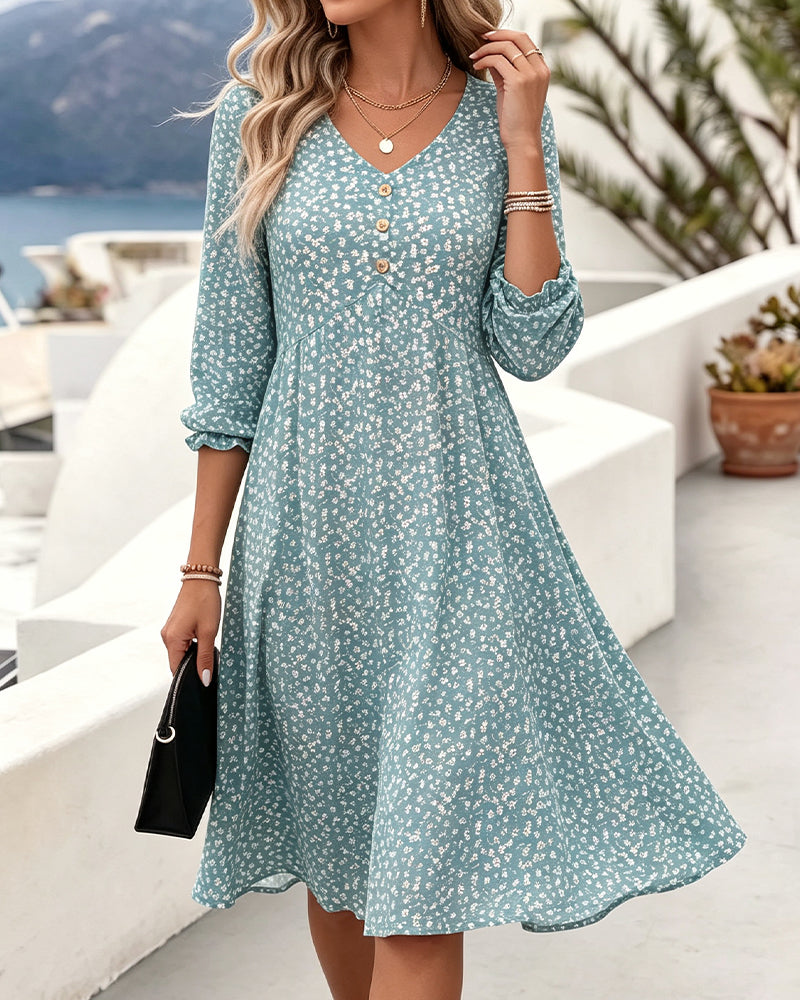 Robe Col En V Fleurie Manches Ballon Coupe A